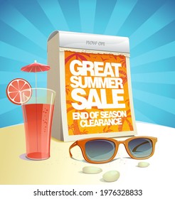 Great summer sale vector poster template with tear-off calendar, background with rays, sun glasses and cocktail