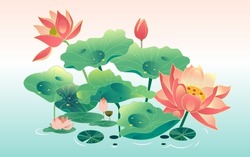 Great Summer Solar Term, Summer Lotus Flower, Lotus Leaf And Lotus Flower In Summer Pond, Vector Illustration