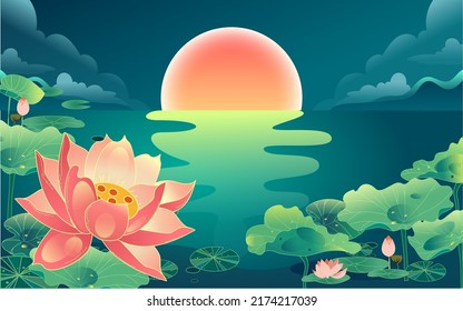 Great summer solar term, summer lotus flower, lotus leaf and lotus flower in summer pond, vector illustration