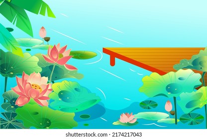 Great summer solar term, summer lotus flower, lotus leaf and lotus flower in summer pond, vector illustration