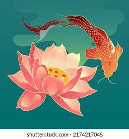 Great summer solar term, summer lotus flower, lotus leaf and lotus flower in summer pond, vector illustration