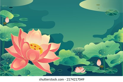 Great summer solar term, summer lotus flower, lotus leaf and lotus flower in summer pond, vector illustration