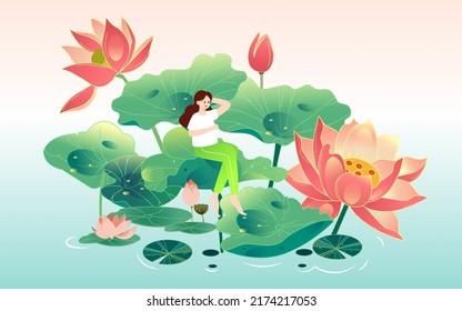 Great summer solar term, summer lotus flower, lotus leaf and lotus flower in summer pond, vector illustration