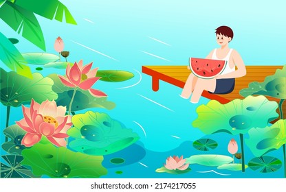 Great summer solar term, summer lotus flower, lotus leaf and lotus flower in summer pond, vector illustration