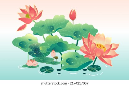 Great summer solar term, summer lotus flower, lotus leaf and lotus flower in summer pond, vector illustration