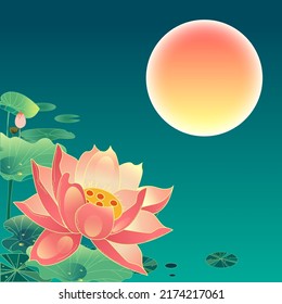 Great summer solar term, summer lotus flower, lotus leaf and lotus flower in summer pond, vector illustration