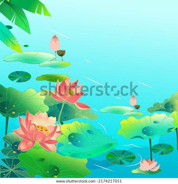 Great summer solar\
term, summer lotus flower, lotus leaf and lotus flower in summer\
pond, vector\
illustration