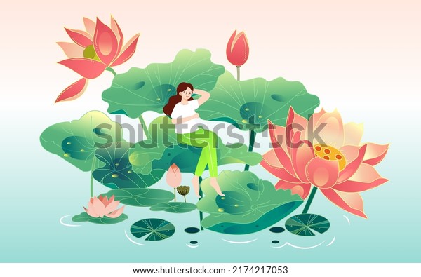 Great summer solar\
term, summer lotus flower, lotus leaf and lotus flower in summer\
pond, vector\
illustration