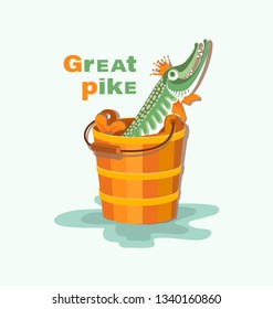 Great talking pike with a golden crown in a wooden bucket. Light background. The characters of Russian folk tales, upon pike's will. Cartoon style.Vector illustration isolated.
