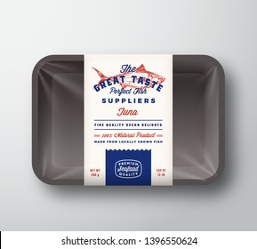 Great Taste Fish Suppliers Abstract Vector Rustic Packaging Design Label on Plastic Tray with Cellophane Cover. Retro Typography and Hand Drawn Tuna Silhouette Vintage Background Layout. Isolated.