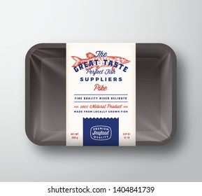 Great Taste Fish Suppliers Abstract Vector Rustic Packaging Design Label on Plastic Tray with Cellophane Cover. Retro Typography and Hand Drawn Pike Silhouette Vintage Background Layout. Isolated.