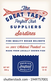 Great Taste Fish Suppliers Abstract Vector Rustic Packaging Label Design. Retro Typography and Hand Drawn Sardine Silhouette Vintage Background Layout. Isolated.