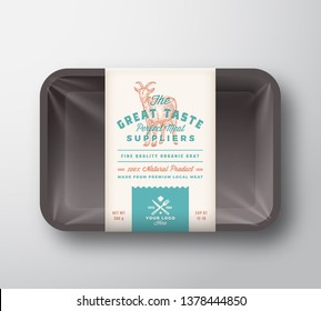 Great Taste Goat. Abstract Vector Meat Plastic Tray Container with Cellophane Cover. Retro Typography Packaging Design Label Template. Hand Drawn Goat Vintage Background Layout. Isolated.