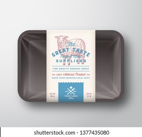 Great Taste Mutton. Abstract Vector Lamb Meat Plastic Tray Container with Cellophane Cover. Retro Typography Packaging Design Label Template. Hand Drawn Sheep Vintage Background Layout. Isolated.