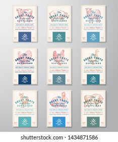 Great Taste Perfect Meat and Poultry. Abstract Vector Meat Packaging Design Banners or Labels Collection. Retro Typography and Hand Drawn Animals an Birds Silhouettes. Isolated.