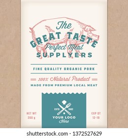Great Taste Perfect Pork. Abstract Vector Meat Packaging Design or Label. retro Typography and Hand Drawn Pig Silhouette. Craft Paper Vintage Background Layout with Print Effect.