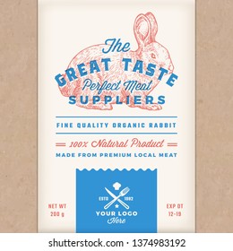 Great Taste Perfect Rabbit. Abstract Vector Meat Packaging Design or Label. Retro Typography and Hand Drawn Hare Silhouette. Craft Paper Vintage Background Layout with Print Effect.