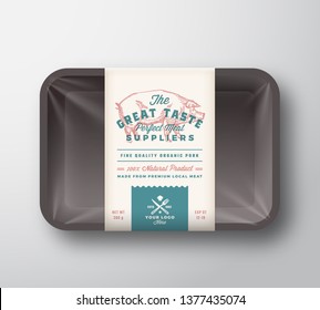 Great Taste Pork. Abstract Vector Meat Plastic Tray Container With Cellophane Cover. Retro Typography Packaging Design Label Template. Hand Drawn Pig Vintage Background Layout. Isolated.