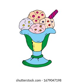 Great tasty ice dessert in a beautiful glass cup. Delicious ice cream balls with different tastes and decorations. Vector hand drawn illustration isolated on white background. Great design for cafe.