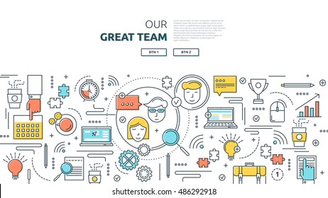 Great team horizontal linear concept with creative ideas business relationships training and reports computer technologies vector illustration