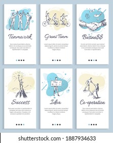 Great team vector, business and teamwork, success and cooperation, idea of male with board, monochrome sketches, people riding bikes leisure. Website or slider app, landing page flat style