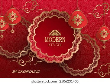 Toller strukturierter Hintergrund in Rot mit rundem Rahmen und goldenen Wolken.