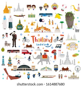 Great of Thailand and Golden Grand Palace, Lifestyle, Landmarks, Buddhism, Transportation in flat style