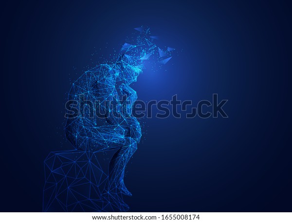 great thinker with broken head in\
wireframe polygonal style, brain thinking\
concept