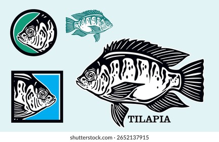 great tilapia fish fresh water logo, silhouette of big river fish vector illustrations