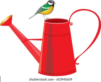 great tit bird on a red watering can