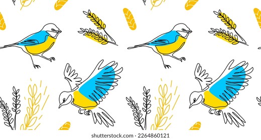 Great tit bird seamless vector pattern in blue and yellow colors with grain, wheatear. Graine from Ukraine concept. One continuous line art drawing of great tit pattern.