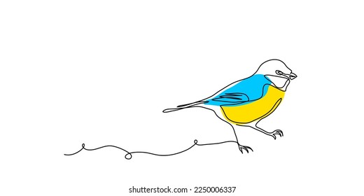 Great tit bird vector pattern in blue and yellow colors. One continuous line art drawing of great tit.