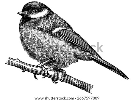Great Tit on a branch. Hand drawn illustration. Isolated bird species in detailed engraving style, hatching and line art. Decorative for animal, zoo and web. 