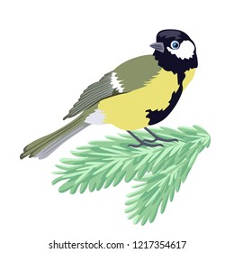 Great Tit sitting on spruce branch isolated on white background. Design element for winter, christmas card, holiday decor. Vector illustration in cartoon flat style.
