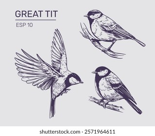 Great tit sketch, realistic bird, hand drawn, vector illustration, black outline