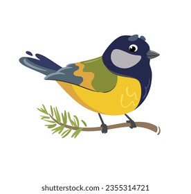 Gran teta. Ilustración vectorial de un personaje de ratón de título con plumas. Un pájaro lindo al estilo de una caricatura plana. Aislado sobre fondo blanco.