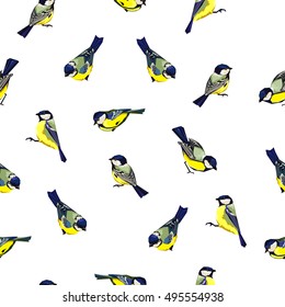 Great tit vector illustration seamless, bird vector pattern. Textile print design