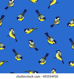 Great tit vector illustration seamless, bird vector pattern. Textile print design