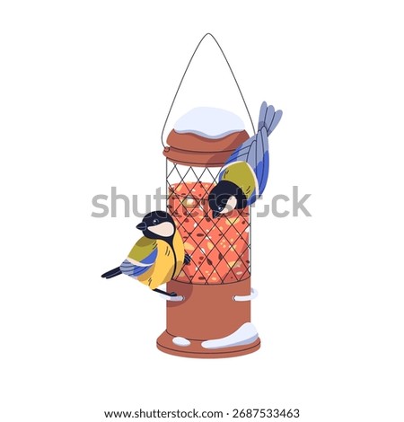 Great tits eating at bird feeder with grains, kernels, food. Feeding with seeds from hanging tube birdfeeder in cold winter season. Flat vector illustration isolated on white background