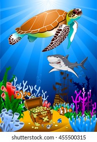 great Tortoise and pirate guarding a treasure, vector