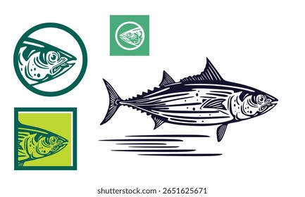 grande atum cakalang peixe natação logotipo, silhueta de fin vetor ilustrações