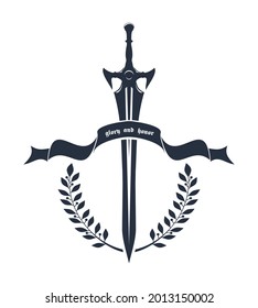 Gran espada de dos manos unida con cinta adhesiva - gloria y honor. Espada, cinta y laurel. Logo monocromático del vector