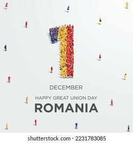 Great Union Day of Romania. A large group of people form to create number 1 as Romania celebrates it’s National Day on the 1st December. Vector illustration.