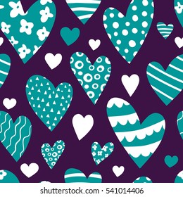 Great for Valentine's Day, wedding, engagement, anniversary, birthday, scrapbook, menu, dinner party invitation. Vector seamless pattern with flat hearts with flowers, ornament, lines and dots. 