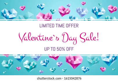 Great vector design for any purposes. Romantic web banner for Valentine`s day sale with colorful jewelry. Template of a white frame on a light blue background 