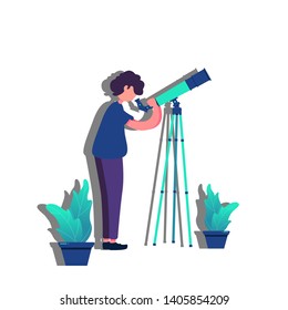 great vector flat illustration people use telescopes to see space with white background