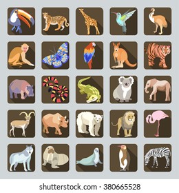 Great vector Icon set with unique brightly colored silhouettes of WILD animals on brown buttons in flat design cartoon style. 
