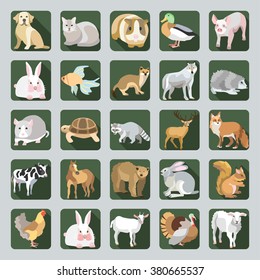 Great vector Icon set with unique brightly colored silhouettes of European forest, farm and domestic animals on green buttons in flat design cartoon style. 