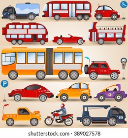 Great vector illustration of different wheels: motorbike, urban city and sport cars, trucks, bus.