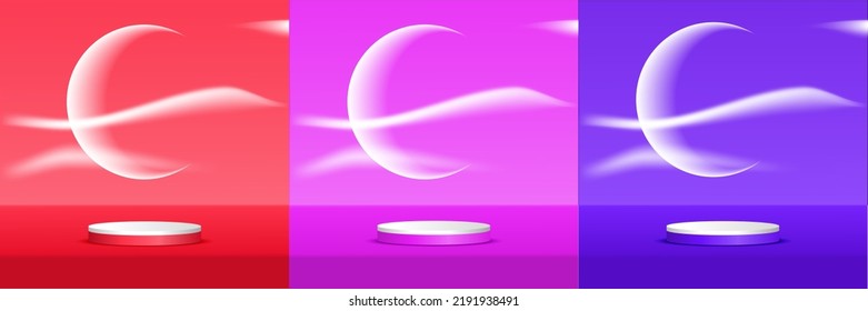 Great vector illustration, three dimensional low circle in red, pink and blue with white. The background is a white moon with clouds and smoke.illustration display product pastel .geometric shape.